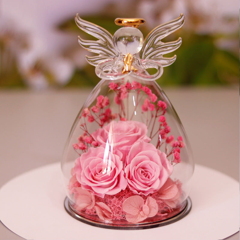 Eternal Flower Gift Box Angel Glass Cover Dried Rose Gift Box For Christmas New Year Valentine's Day Home Decor